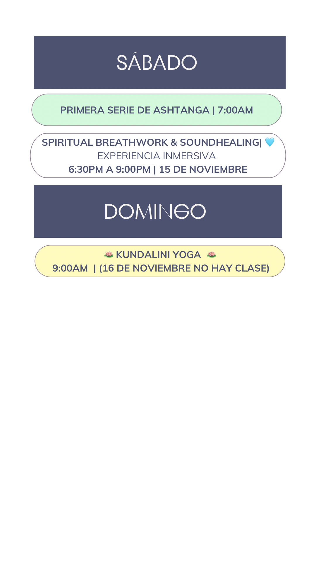 Calendario de Clases de yoga, meditación , breathwork y soundhealing en Cancún México