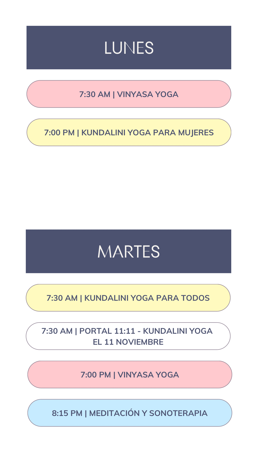 Calendario de Clases de yoga, meditación , breathwork y soundhealing en Cancún México